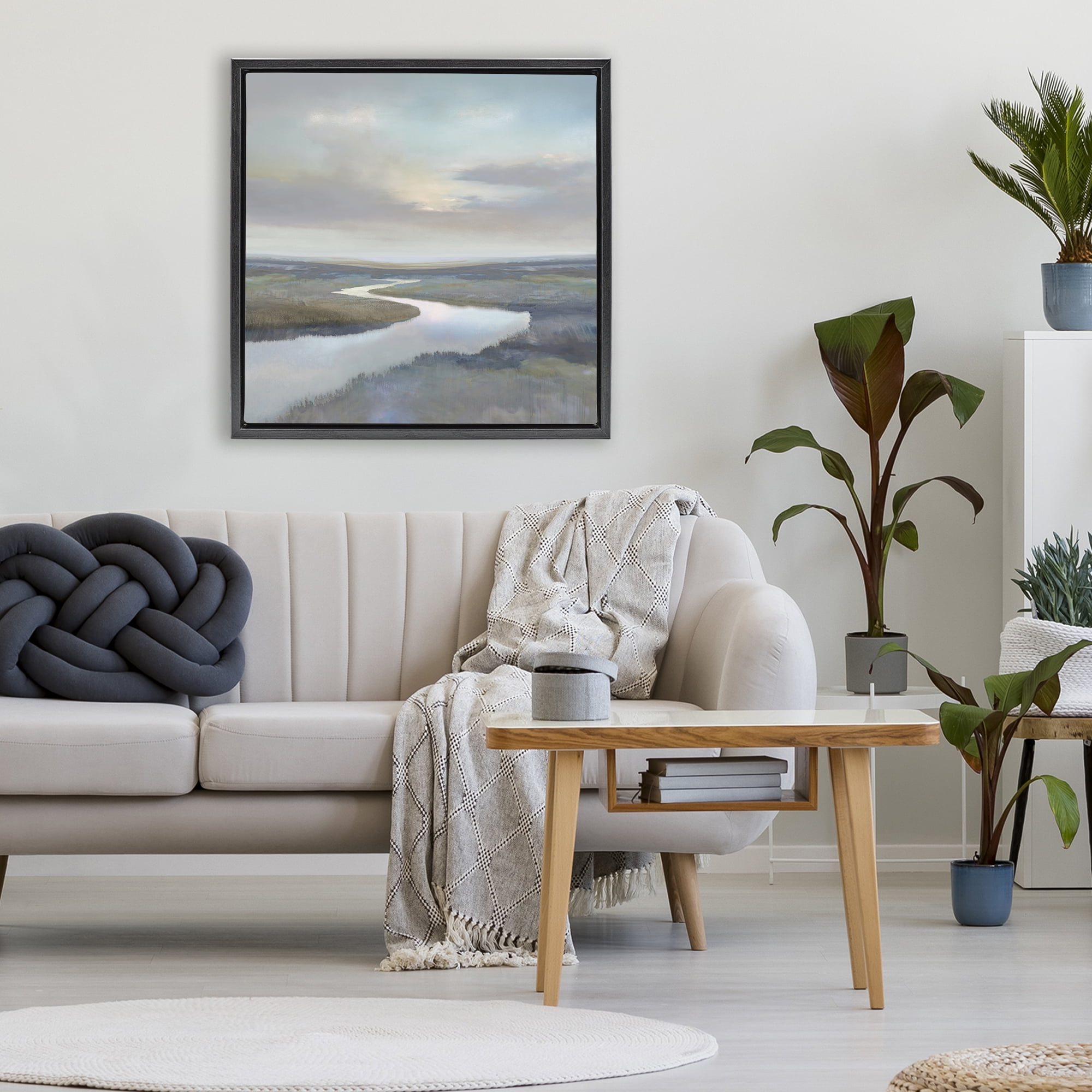 Stupell Industries Calm Riverbend in Greys Black Framed Floater Canvas Wall Art, design by Christy McKee
