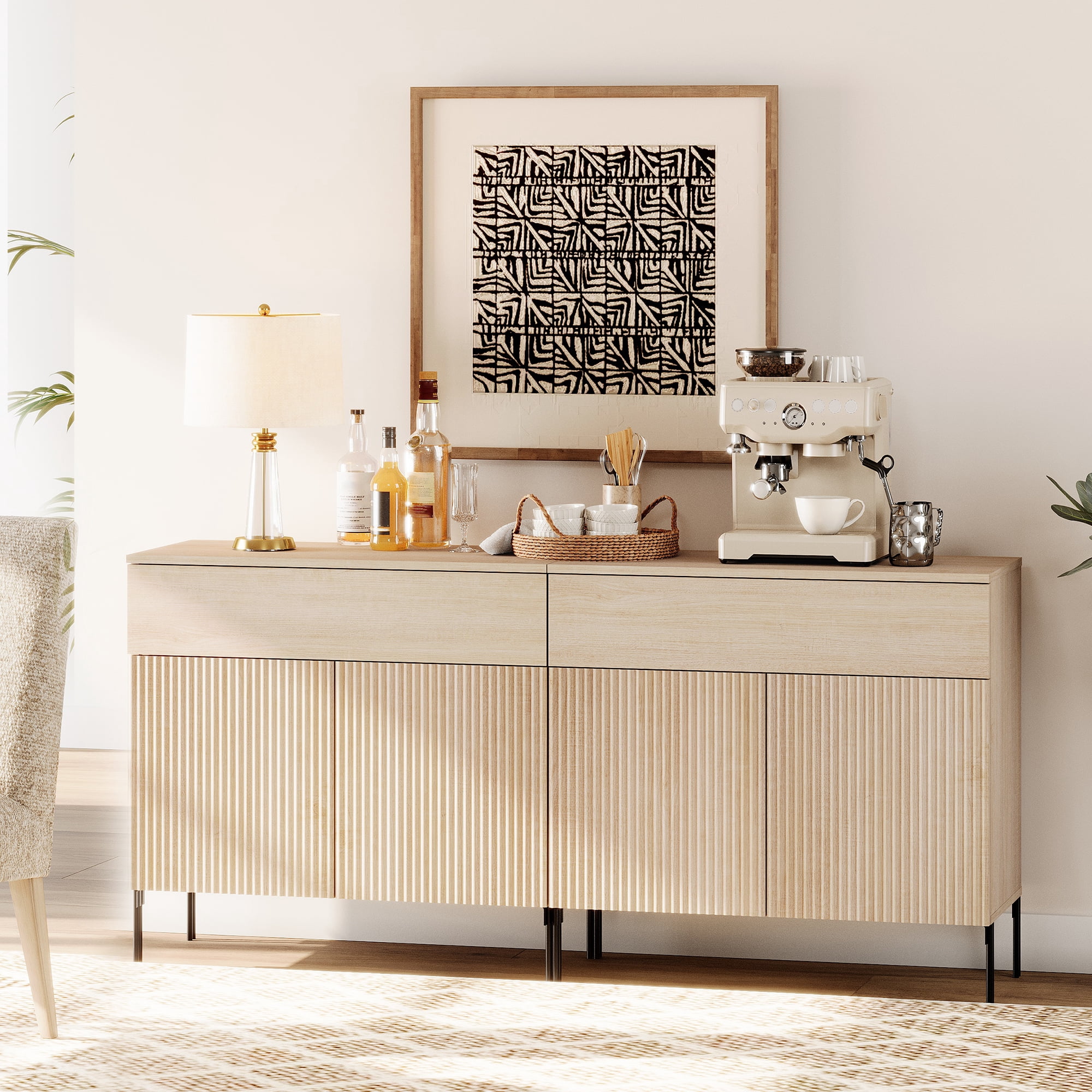 63" Wooden Reeded Sideboard with Doors and Drawers, 2-In-1 Modern Credenza Storage Cabinet for Kitchen, Dining Room