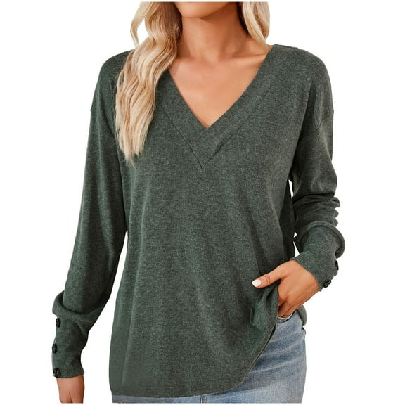 ZQGJB Fall Long Sleeve Solid Shirts for Women Casual V Neck Lightweight Pullover Sweatshirts Loose Fit Comfy Tshirt Tops Soft Cotton Tunic Blouse Green S