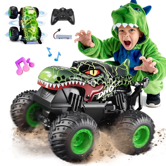 YCFUN RC Monster Trucks for Kids, 360° Spin RC Stunt Cars with LED and Music, Dinosaur Toy RC Cars Trucks for Kids Boys Ages 3-12 (Green)
