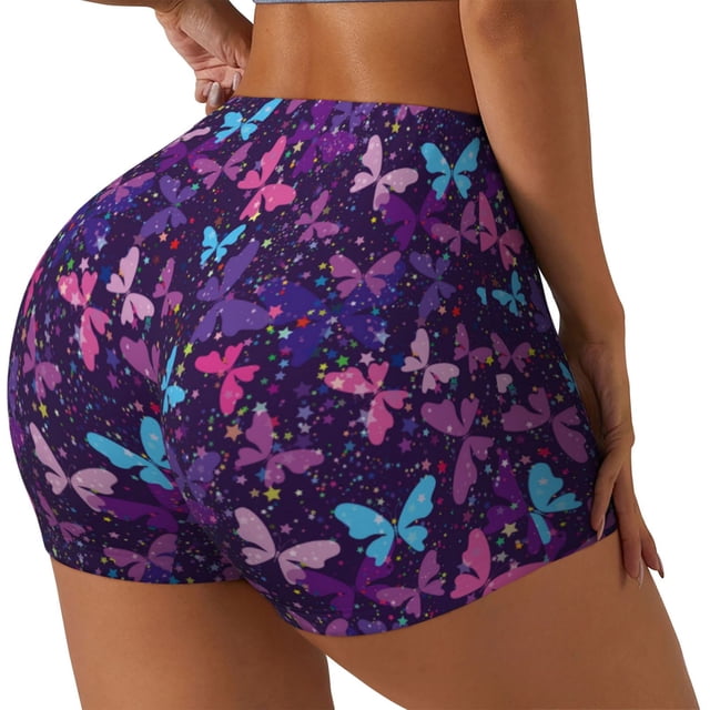 Fotbe Bright Purple Butterflies Shorts Sin Costuras – Shorts Deportivos de Cintura Alta para Mujer, Elásticos para Gimnasio, Yoga, Running o Ciclismo-Large