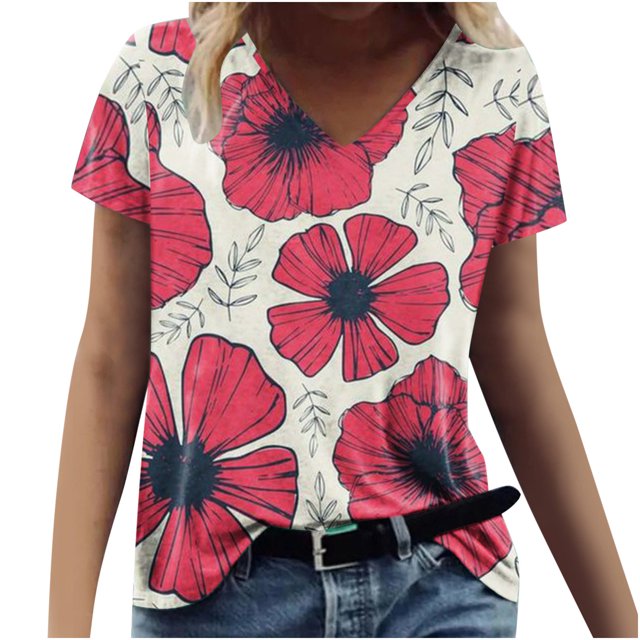 Camiseta informal para mujer con estampado floral y cuello en V, manga corta, jersey, blusa, tops Fridja zx3949
