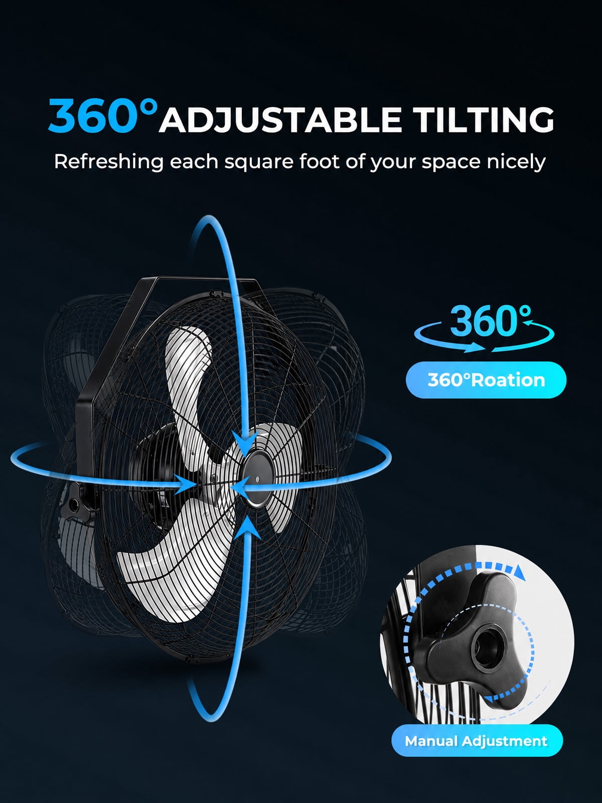 20 Inch Wall Mount Fan, 3-Speed, 360° Tilting Head, Maximum Airflow 4700 CFM, Suitable for Industrial, Commercial, and Residential Use, Black, FOHERE