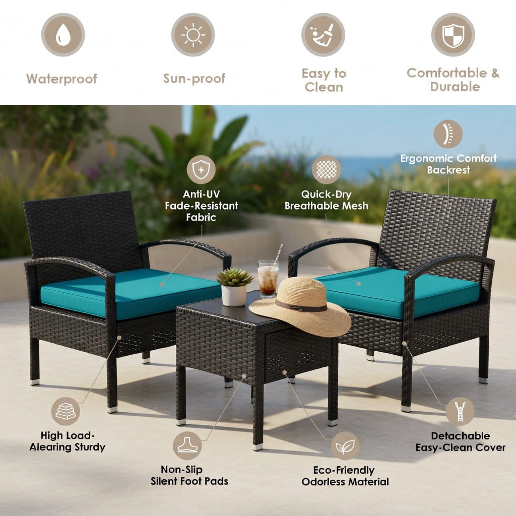 Hommoo 3-Piece Outdoor Rattan Patio Conversation Set, Wicker Chairs & Cushions with Tempered Glass Coffee Table, Turquoise