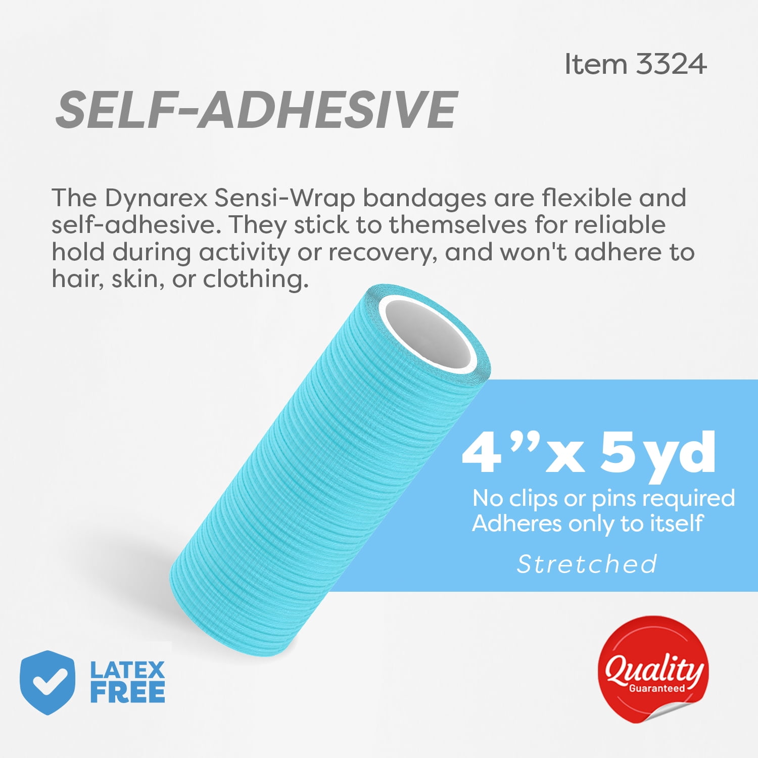 Dynarex Sensi-Wrap Self-Adhesive Bandages, 18-Pack, 4" x 5 yards, Light Blue, Latex-Free, Colored Elastic Cohesive Athletic Tape, Tattoo Grip & Vet Wrap