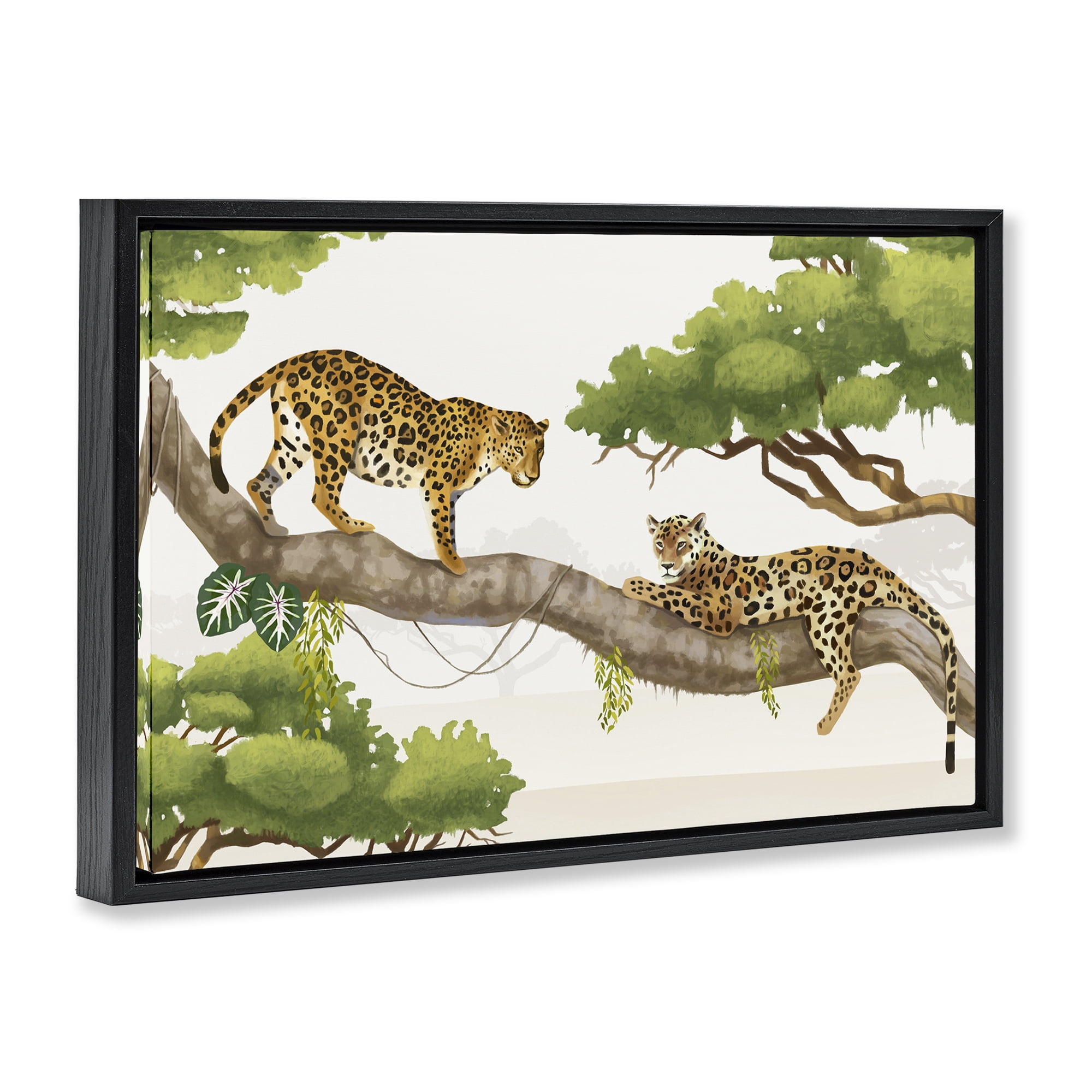 Stupell Industries Leopards Prowling on Branch Animals & Insects Painting Black Floater Framed Canvas Art Print Wall Art, 25 x 17
