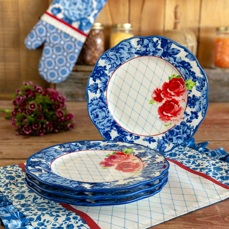 25 White Round Disposable Paper Plates with Blue Floral Design