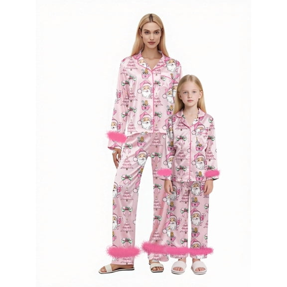 Mommy and Me Matching Pajamas Santa Tree Print Button Down Long Sleeve Lapel Tops Pants Sleepwear