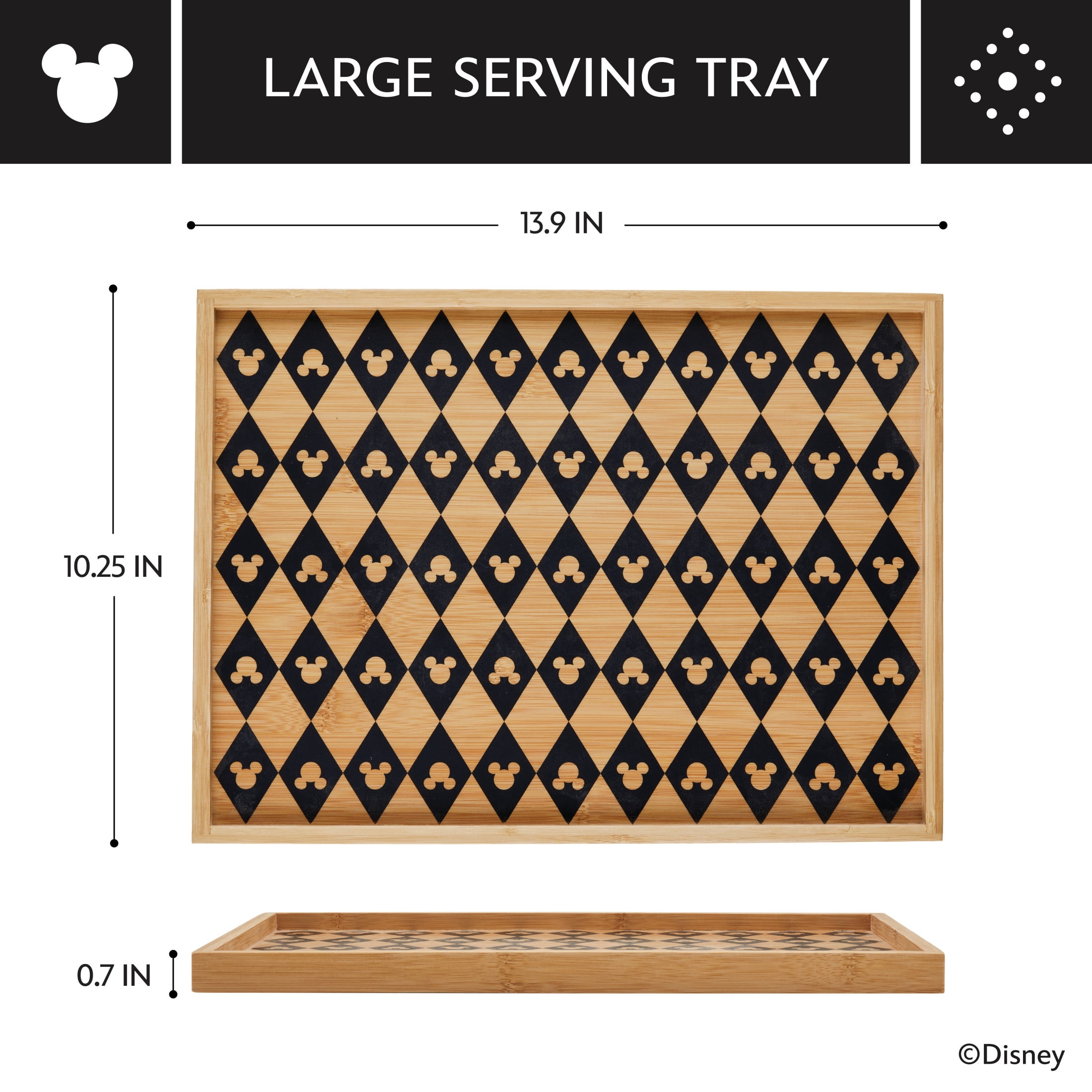 Disney Home Monochrome 13.7 Inch x 10.2 Inch, Large Serving Tray features Mickey’s iconic silhouette, Bamboo