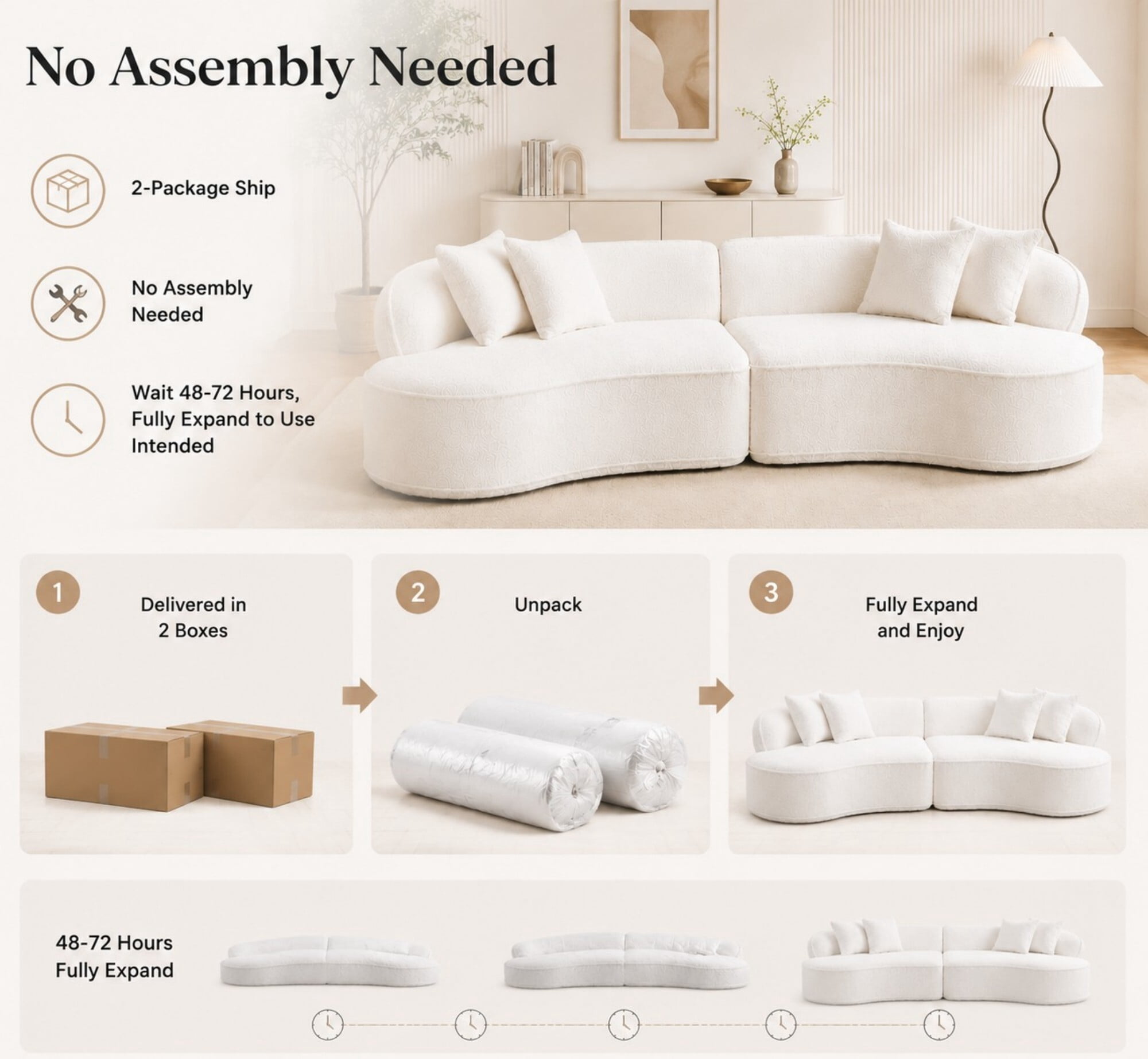 DEALTOPS 114" Modular Boucle Curved Sectional Sofa, 4-Seater Cloud Couch with No Assembly, White
