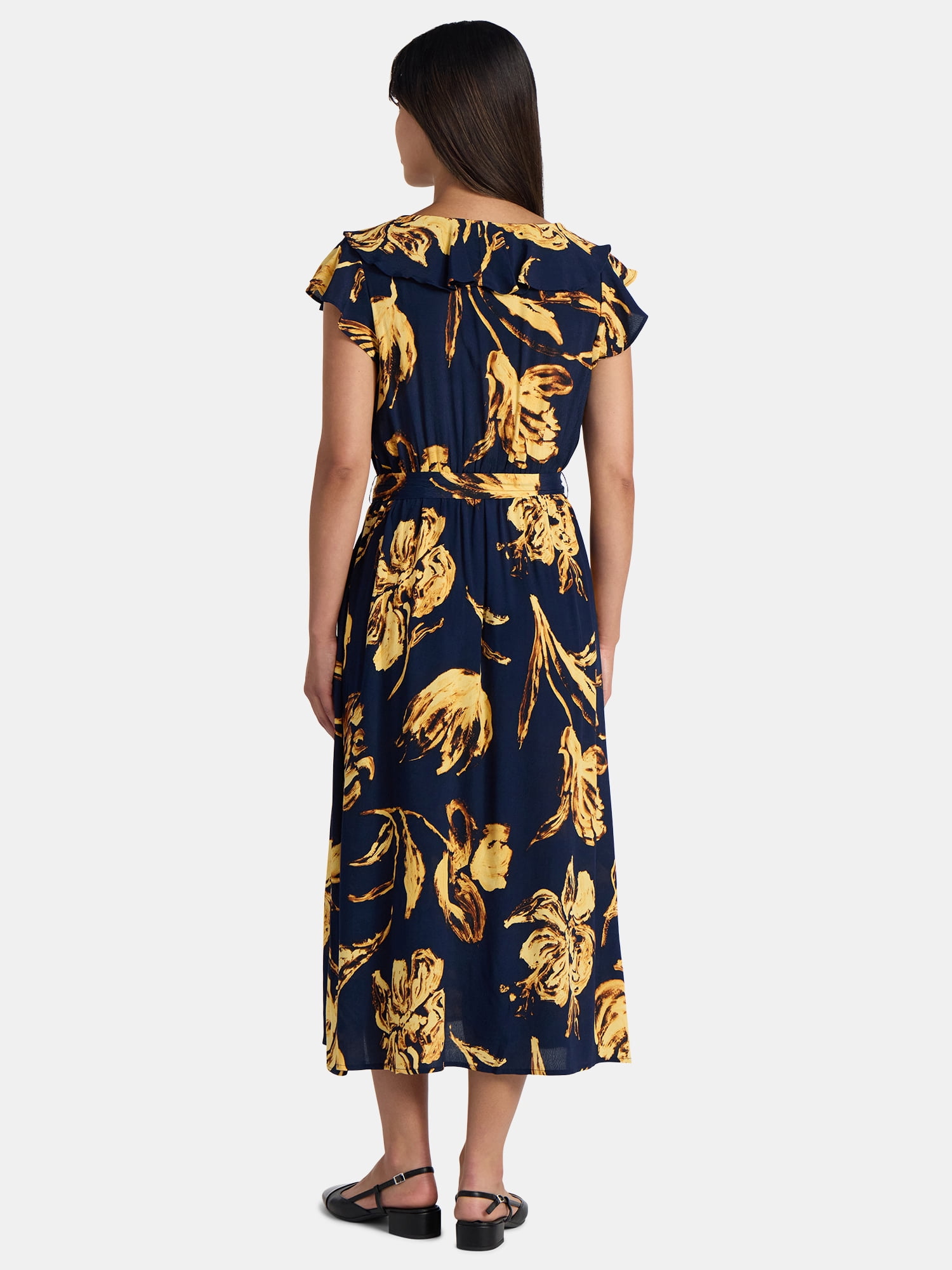 Time and Tru Women's and Women's Plus Ruffle Midi Dress with Flutter Sleeves, Sizes XS-4X