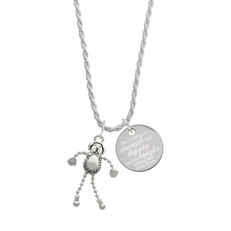 Delight Jewelry Silvertone Dog with 4 Dangle legs She is Clothed in Stength and Dignity Charm Necklace, 20"+3"