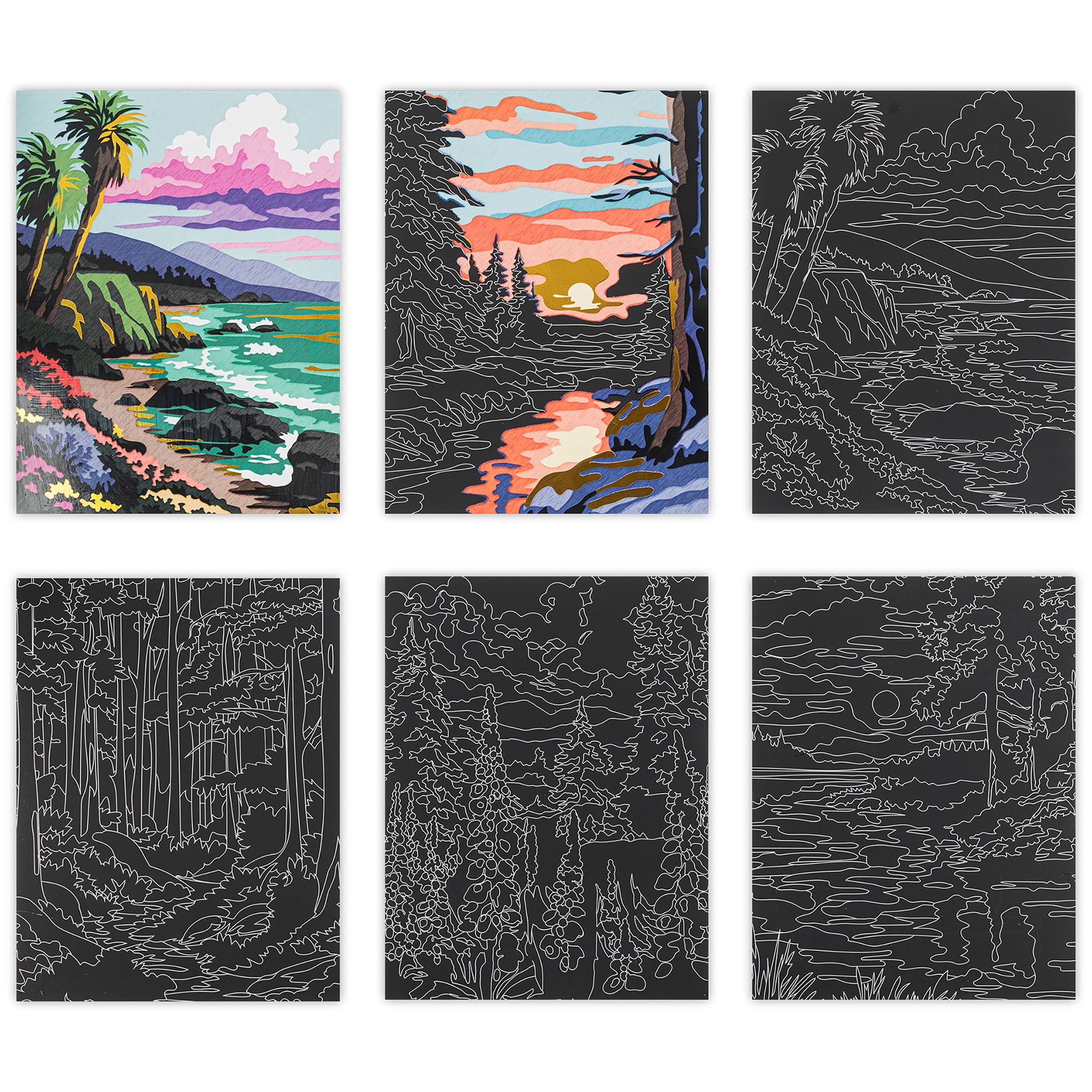 Brea Reese: Scratch Art Paper Pad - Seasonal Landscapes - 6 Designs, Guided Art, Metallic Accents, Dual-Tip Stylus & Brush, 9x12" Pages, Adult Craft