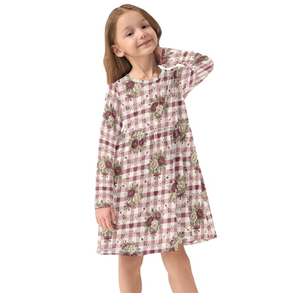 Girls Dress Soft Casual Long Sleeve Cute Dress for Girls Fashion Prints Rose Checkered Crew Neck