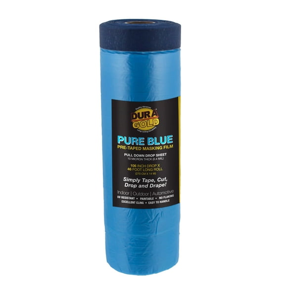 Dura-Gold 106" Wide x 46' Long Roll of Pure Blue Pre-Taped Masking Film, 0.4 Mil Pre-Folded Overspray Paintable Plastic Protective Sheeting, Pull Down Drop Sheet - Auto Painting, Cover Walls Furniture