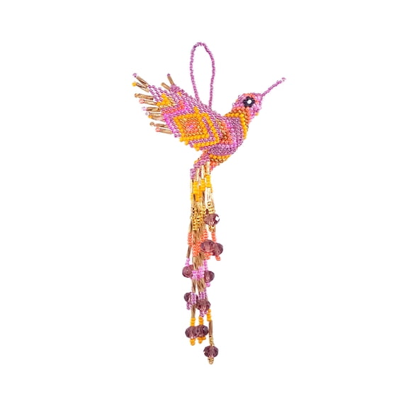 Multicolored Hummingbird Hanging Figurine Ornament Czech Glass Seed Bead Fringe Tail Dangles - Handmade Gifts Spirit Animal Boho Accessories