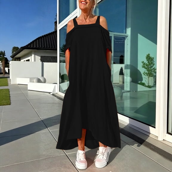 Uscallm Women Plus Size Off Shoulder Short Sleeve High Low Flowy Casual Maxi Dress Solid Boho Beach Vacation Swing Long Dresses, Black M