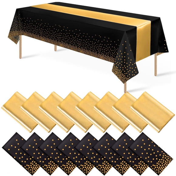 Juego de mantel y camino de mesa, paquete de 16 unidades, color negro dorado, para fiesta