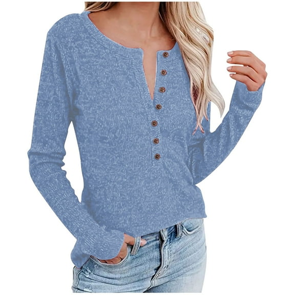 STETMN Round Neck Sweater for Women Casual Slim Fit Button Tops Fall Plain Long Sleeve Knit T-shirt