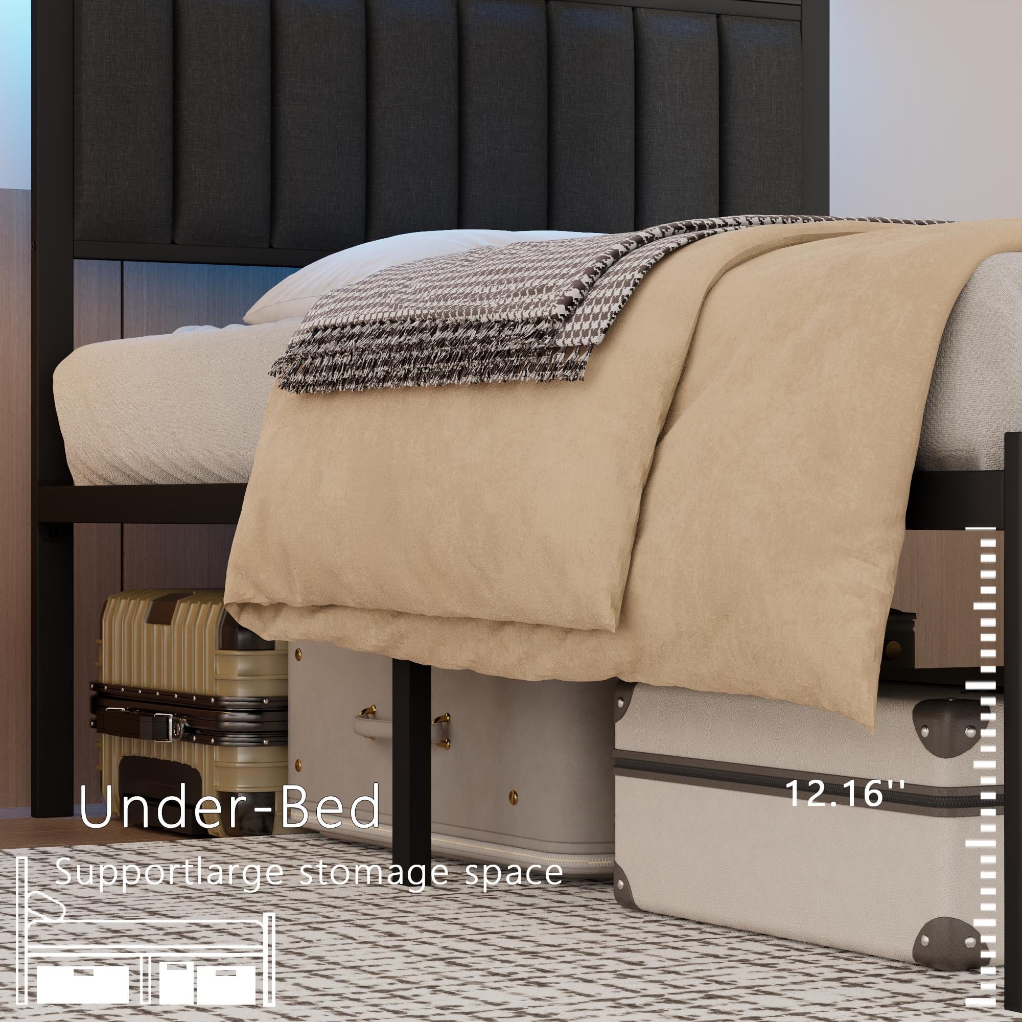 Tydimor Twin Size Platforrm Bed Frame with Charging Station, LED Standard Storage Space Bed for Bedroom, No Box Spring Needed