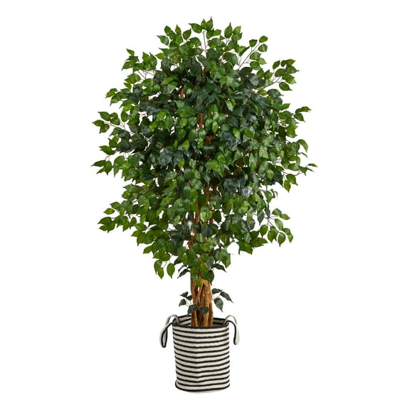 Nearly Natural 5.5' Palace Ficus Artificial Tree in Handmade Black and White Natural Jute and Cotton Planter