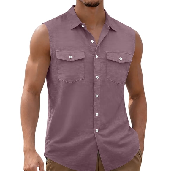 Eryao Men's Sleeveless Button Down Shirts Summer Casual Beach Vacation Tank Tops Lightweight Breathable Vest Tees with Pockets,Hot Pink,XXXL