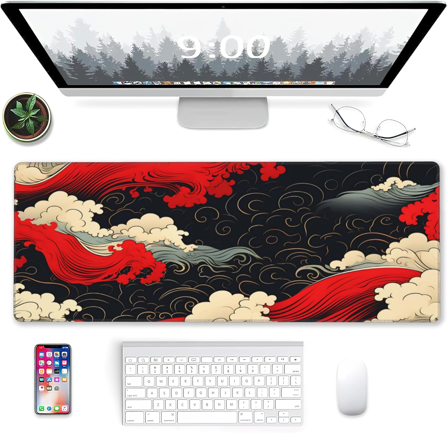 Gaming Mouse Pad, Japanese Sea Waves Extended Mouse Pad Gaming Large, Big Desk Mat with Non-Slip Base and Stitched Edge, Long Computer Keyboard Mouse Mat for Home Office Work 31.5"x11.8"