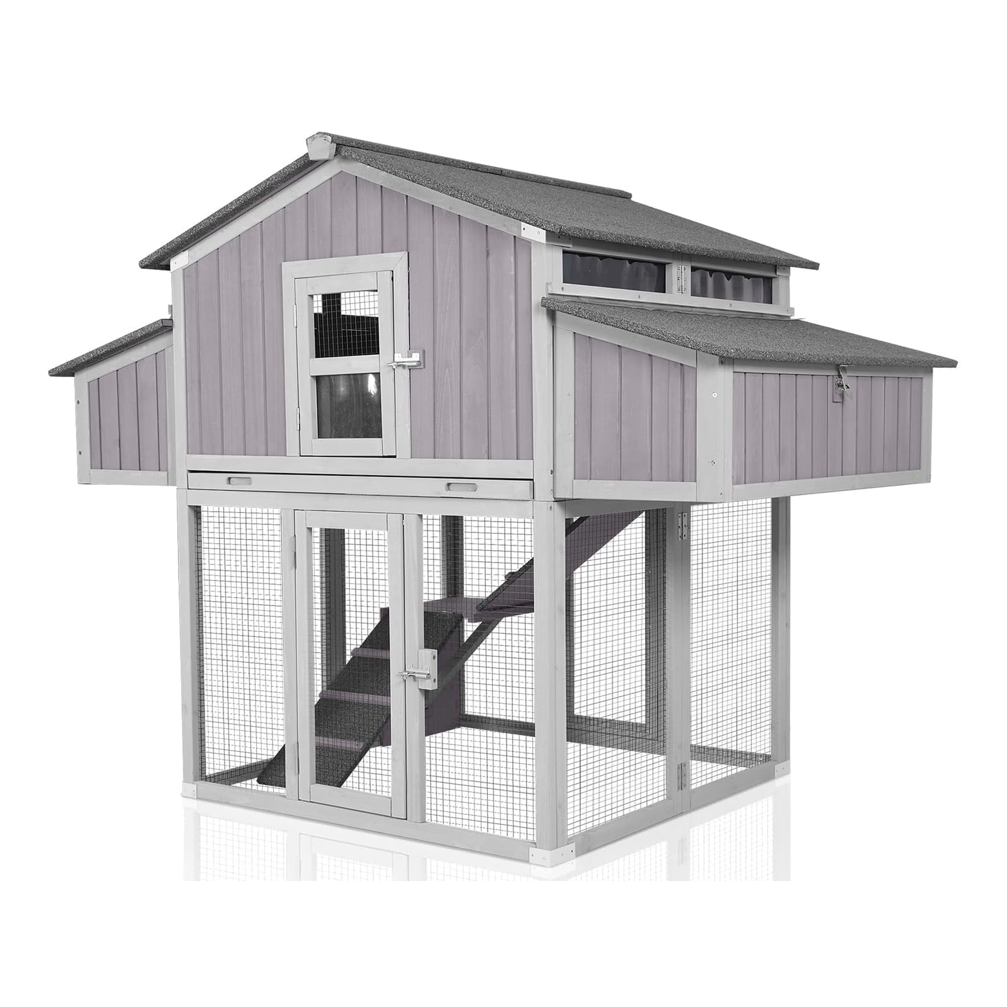 Aivituvin Large Chicken Coop, Folding Chicken House for Outdoor with Two Nesting Box, Leakproof Pull-Out Tray, UV-Resistant Roof Panel, Gray