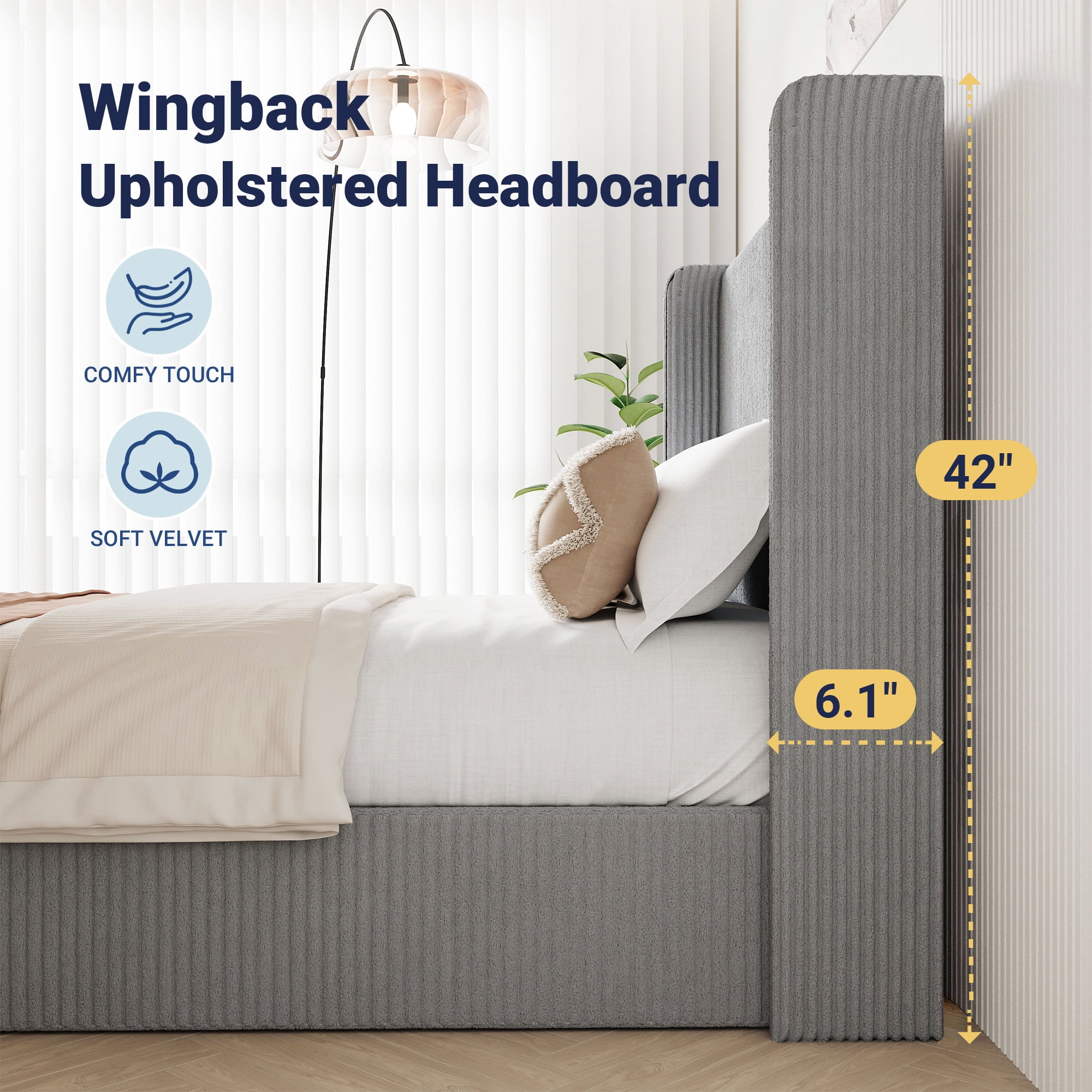 Allewie Queen Size Lift-Up Storage Bed Frame with Modern Wingback Headboard, Corduroy Upholstered Platform Bed, Hydraulic Gas Lift Support, Underbed Storage, Wooden Slats, No Box Spring Needed, Grey