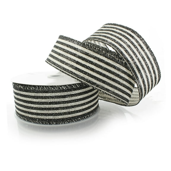 Ribbon Traditions Narrow Farmhouse Stripes Burlap Wired Ribbon 2 1/2" By 25 Yards - Black / Off-White