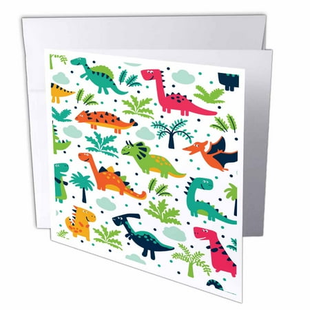 3dRose, Dinosaur Group with Grass and Trees, 1 Greeting Card with envelope