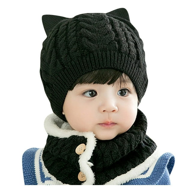 Fgnfyis Winter Hat Baby Boy Girl Toddler Cat Hat with Scarf Lined Knitted Cap Neckwarmer for Kids 2 Pieces Black One Size