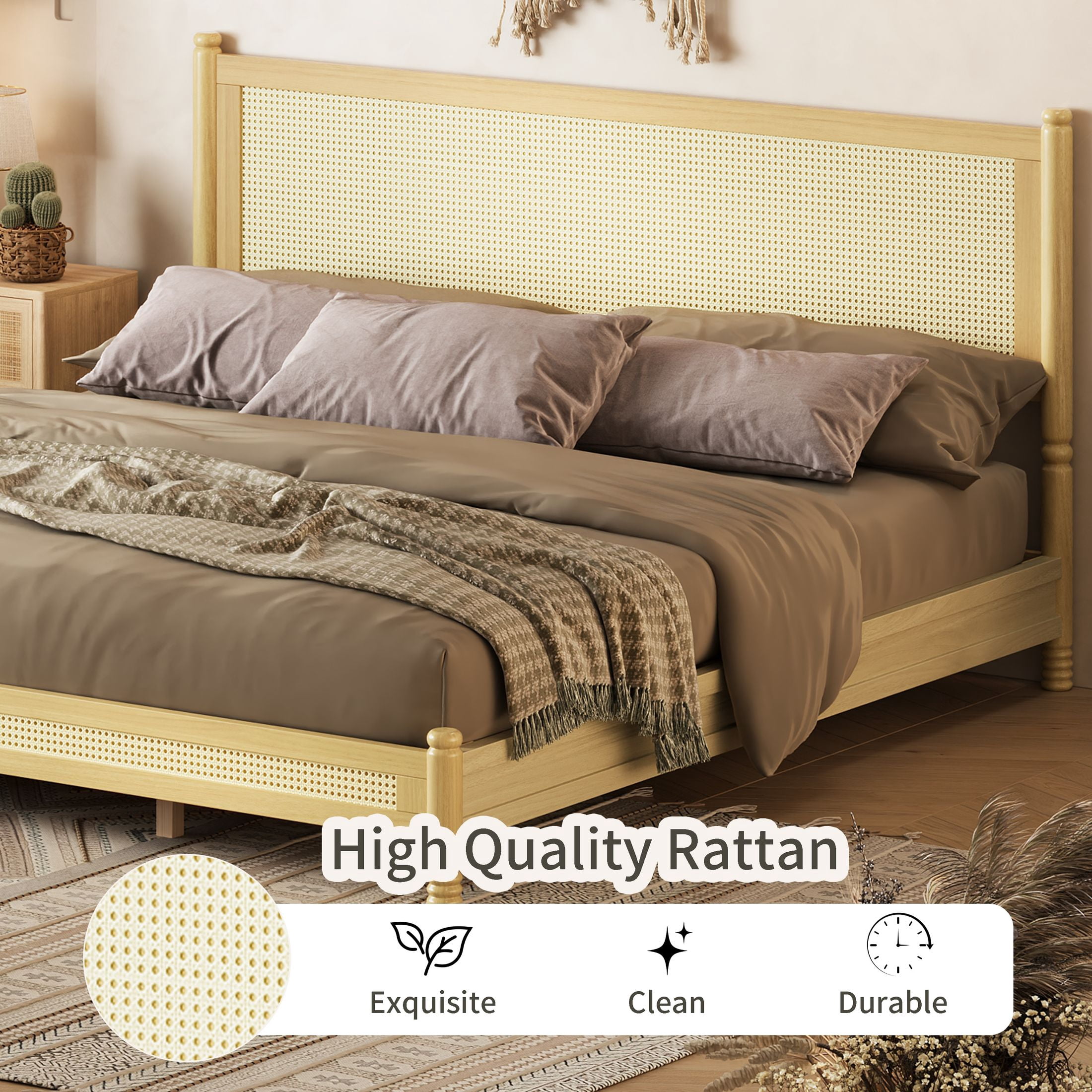 GDF Studio Annes King Size Boho Rattan Platform Bed Frame with Turned Legs, Woven Cane Pine Wood Bed Frame, Natural