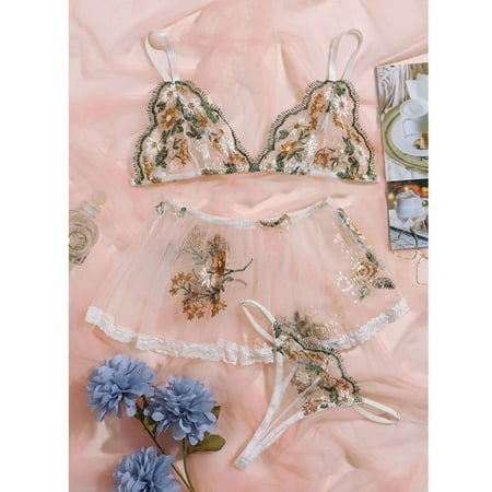 

Lingerie For Women Plus Size Underwear Women Lace Embroidery Perspective Bra Skirt Thong Pajamas Outfit