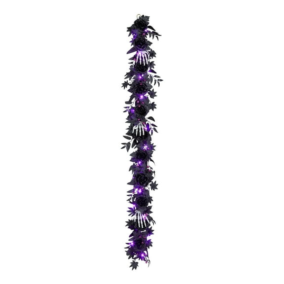 6 ft. Artificial Bad to the Bone Halloween Garland, 30 Purple LED Lights, Battery Operated
