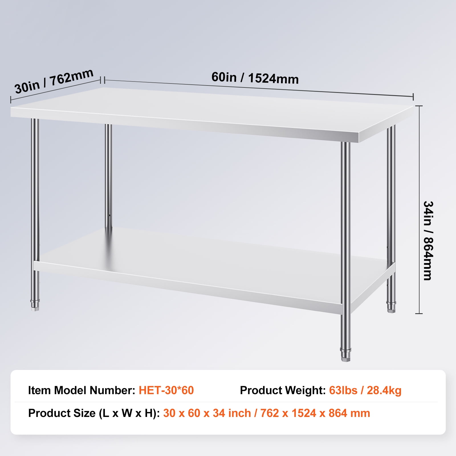 KFFKFF Metal Prep Station, 30x60x34 in, Supports up to 910 lbs, Durable Stainless Steel Table with 3 Height Settings, Ideal for Kitchen, Garage, or Commercial Use