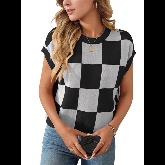 Suéter de Verano para Mujer, de Punto, con Cuello Redondo, Mangas y Bloques de Color, Color Negro, Talla L