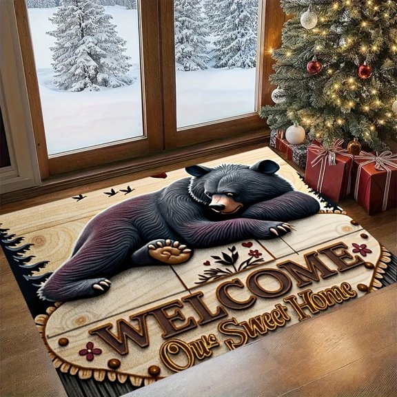 Cute Black Bear Welcome Print Flannel Doormat, Non Slip Washable Floor Rug for Kitchen Hallway Bedroom Entry Home Decor