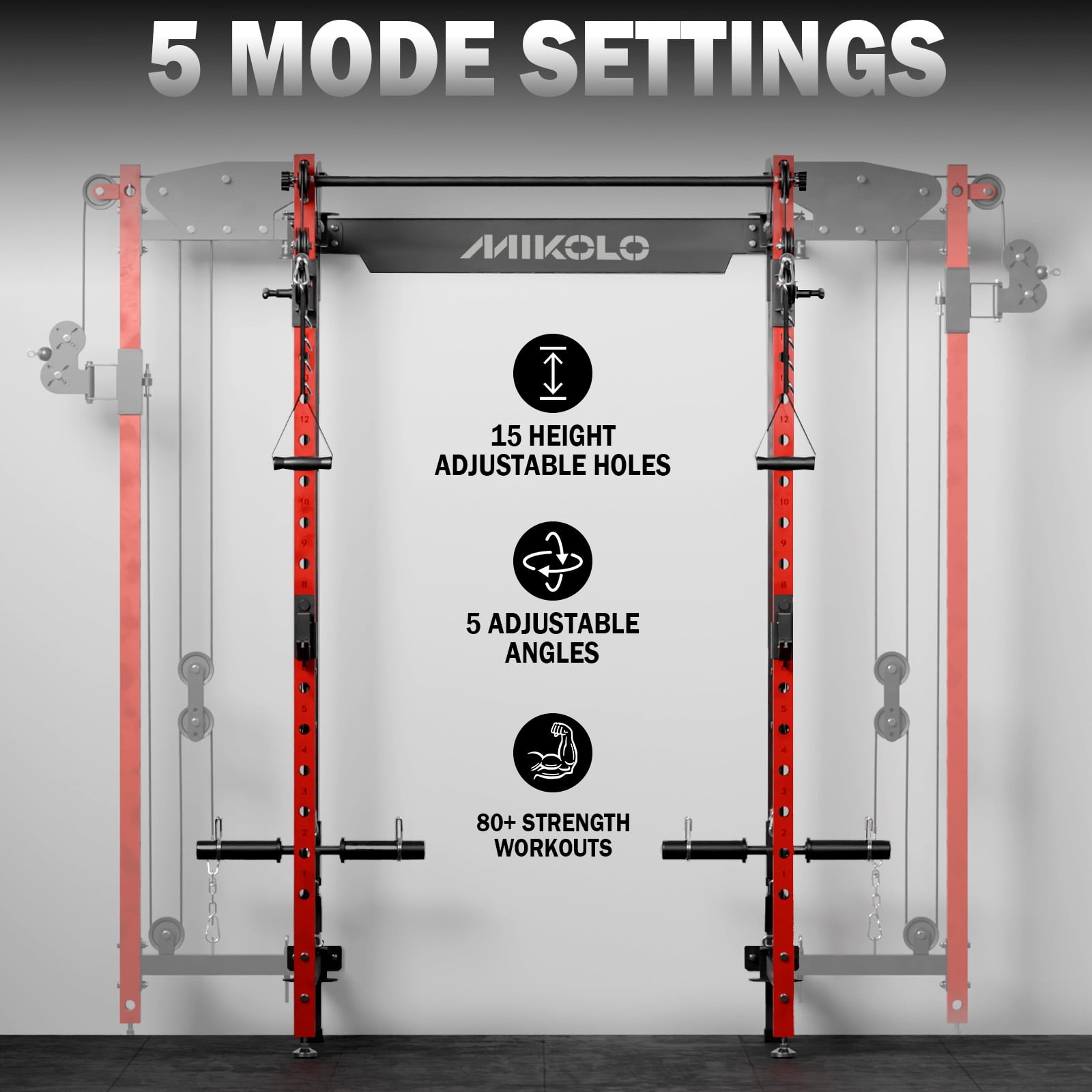 Mikolo Foldable Power Rack Cage,1000lbs Capacity Wall Mounted Squat Rack with independent pulley system, Space Saving Home Gym Equipment with 5 Adjustable Angle