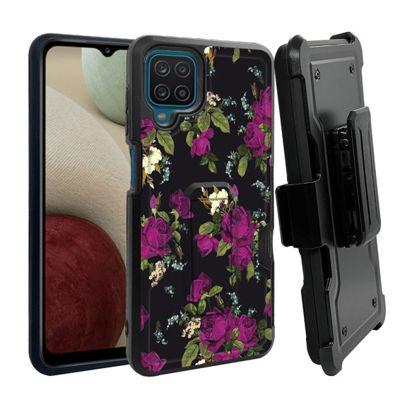 ANJ  Rugged Dual Layer Shockproof Holster Case w/Card Slot, Kickstand   Tempered Glass for Samsung Galaxy A12 - Enchanted Roses