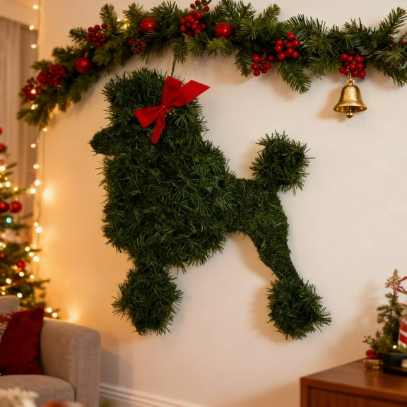 Christmas Dog Wreath, Handmade Cat Christmas Wreath, Xmas Artificial Pine Branches Green Leaves Garland With Red Ribbon Bow, Bell & Snowflake Ornament For Mantle Stairs Fireplace Wall