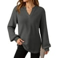 thumbnail image 6 of WTOBBY Women's Long Sleeve V-Neck Casual Knit Top - Solid Color Waffle Texture Everyday Wear Spring Fall Fashion Tunic Blouse for Women, Stylish Comfort Stretch Fabric,Dark Gray M, 6 of 6