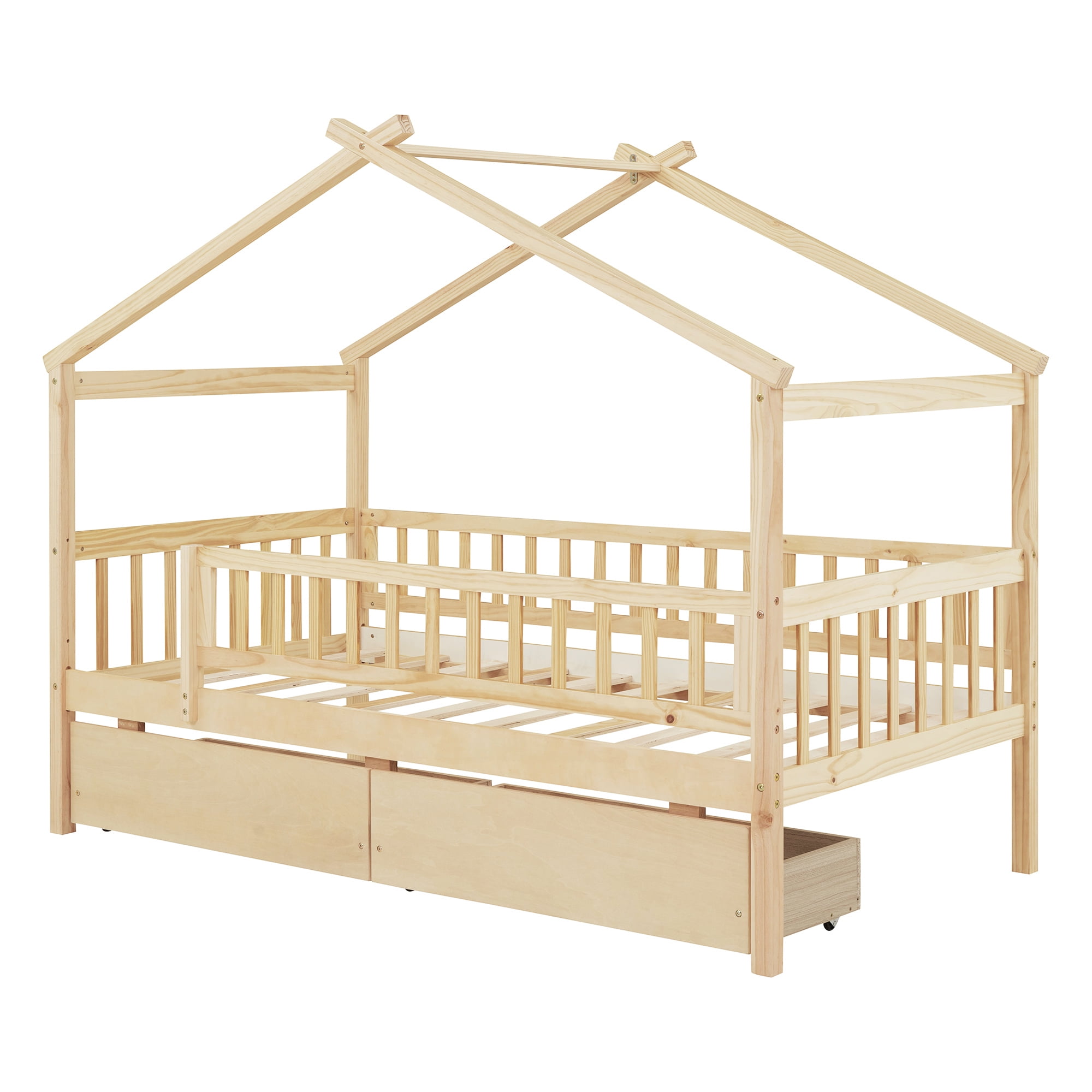 Harper & Bright Designs Twin House Bed with 2 Storage Drawers, Twin Bed Frame with Rails and Roof, Wooden Tent Montessori Bed for Girls & Boys, Natural