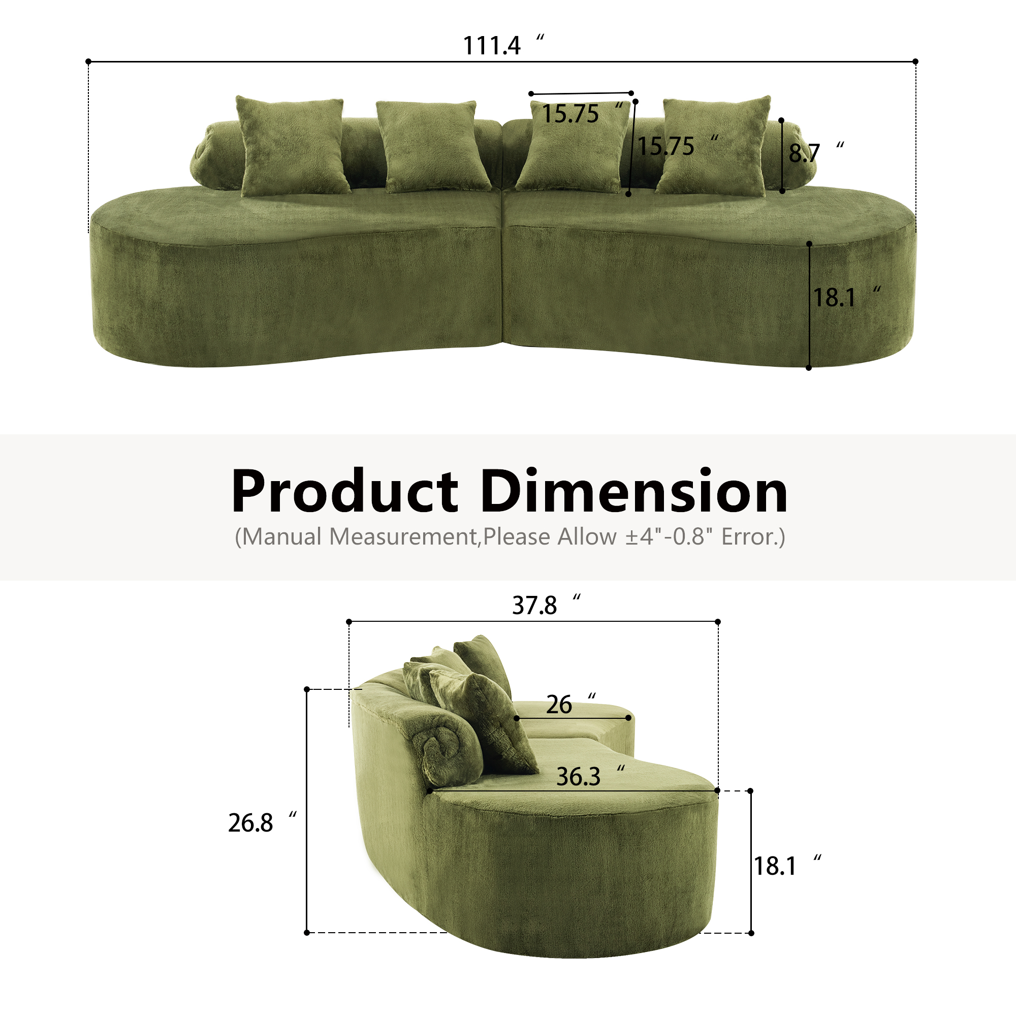Modular Sofa, Green Curved Plush Sectional with Foam Spring Support, 111-Inch Multi-Seat Sleeper for Living Room and Small Spaces