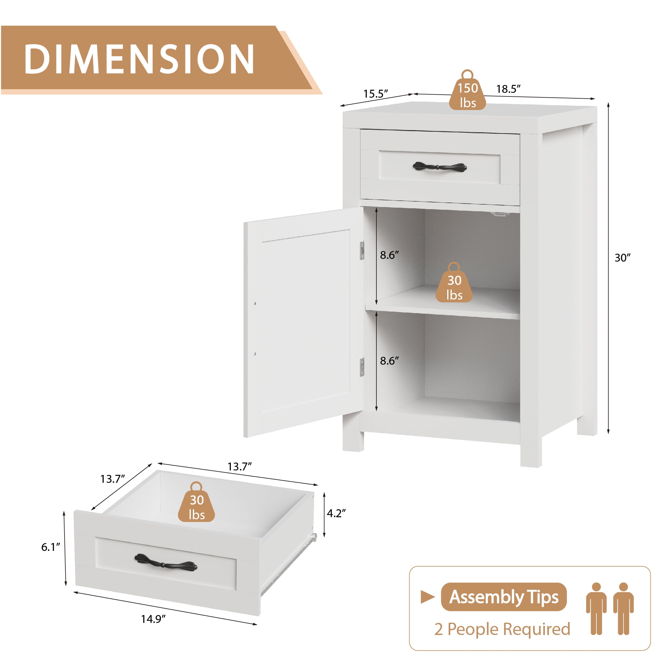 YouTrend Farmhouse End Table with Drawer and Storage Cabinet for Living Room,Rustic Adult Nightstand for Bedroom,White