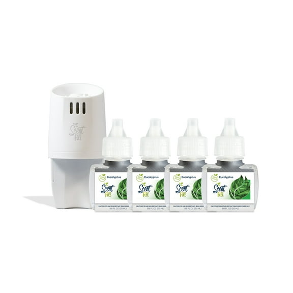 Scent Fill 100% Natural Eucalyptus Plug in Air Freshener Refill Starter Kit with, Scented Oil Refills, 4 Refills + Diffuser