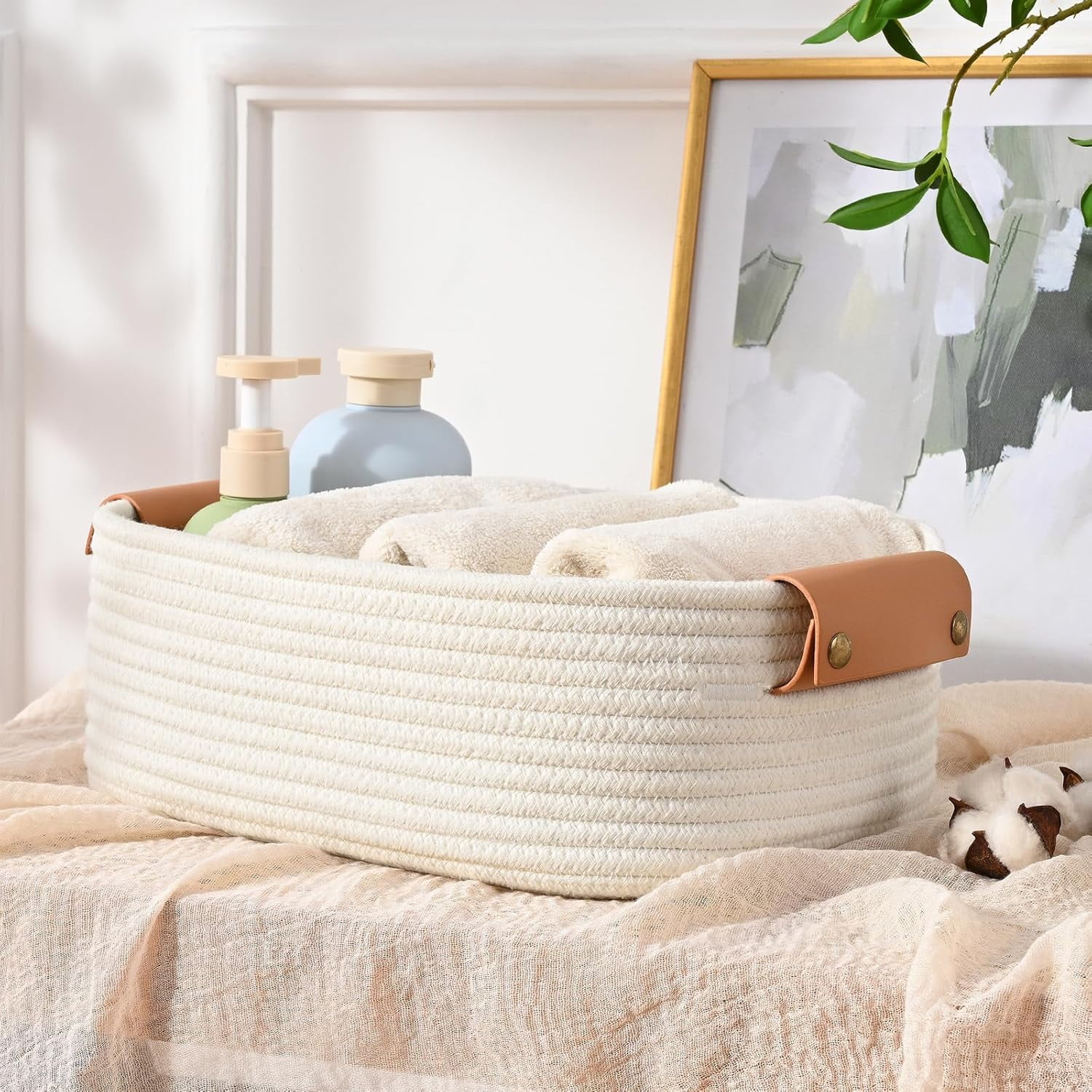 Natubeau Set of 6 Cotton Rope Woven Storage Baskets for Organizing, 4 with Leather Handles & 2 Small Gift Baskets, White Bins for Bedroom, Shelves & Nursery