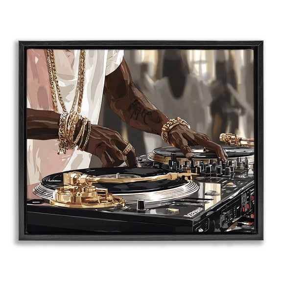 Stupell Industries Golden Sound DJ Turntables Black Framed Floater Canvas Wall Art, design by Franklyn Gregory