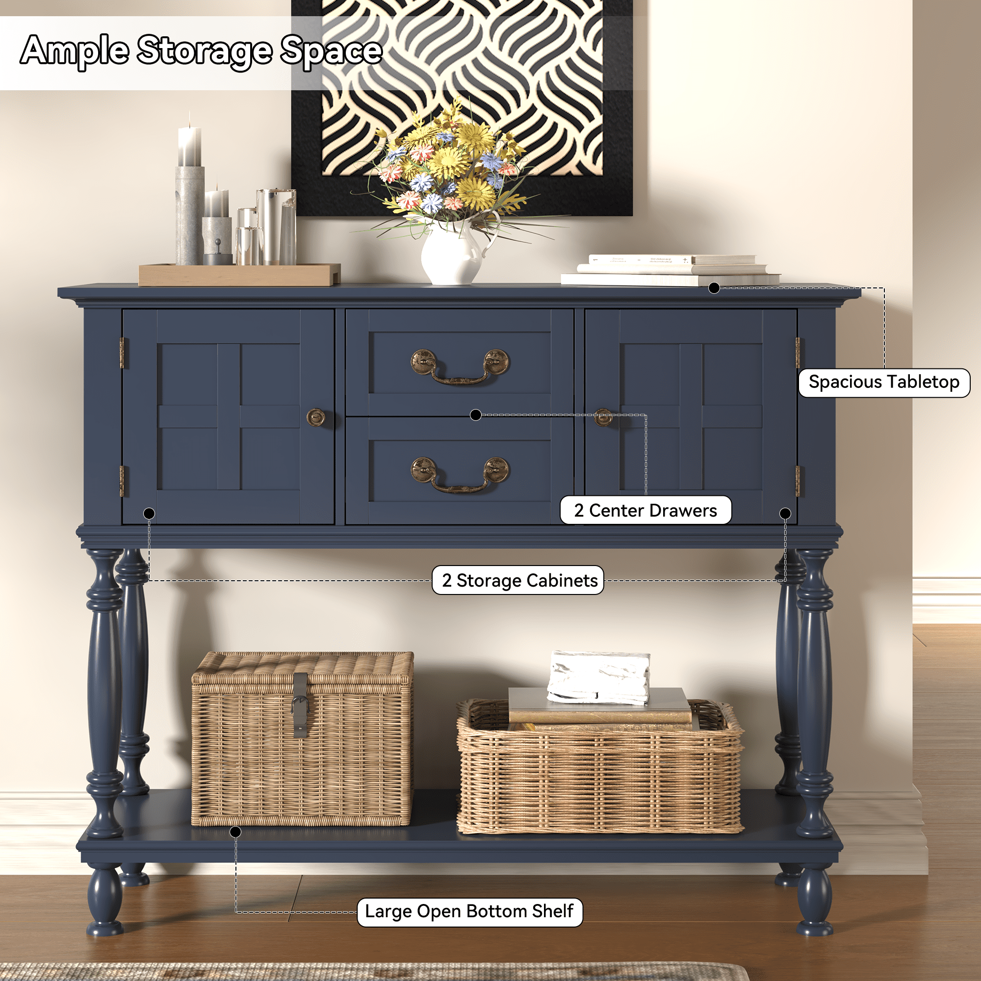 ZOSQUARE 42" Blue Console Table with Storage Cabinet, Entryway Table with Turned Legs and Bottom Shelf, Vintage Sofa Table Behind Couch for Living Room