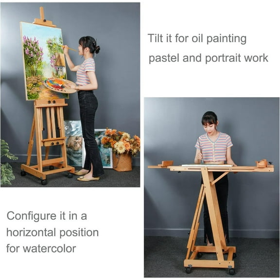 H Frame Art Easel Adjustable Wooden Studio Easel with Locking Casters, Solid Wood & Metal Brackets for Painting Drawing Sketching, Professional Artist Easel for Home Studio